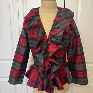 Gorgeous Boston Proper Plaid Holiday Ruffled Peplum Blouse